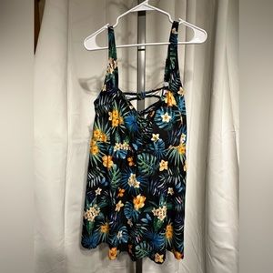 Black Tropical Floral Two Strap Back Tankini Swim Top
